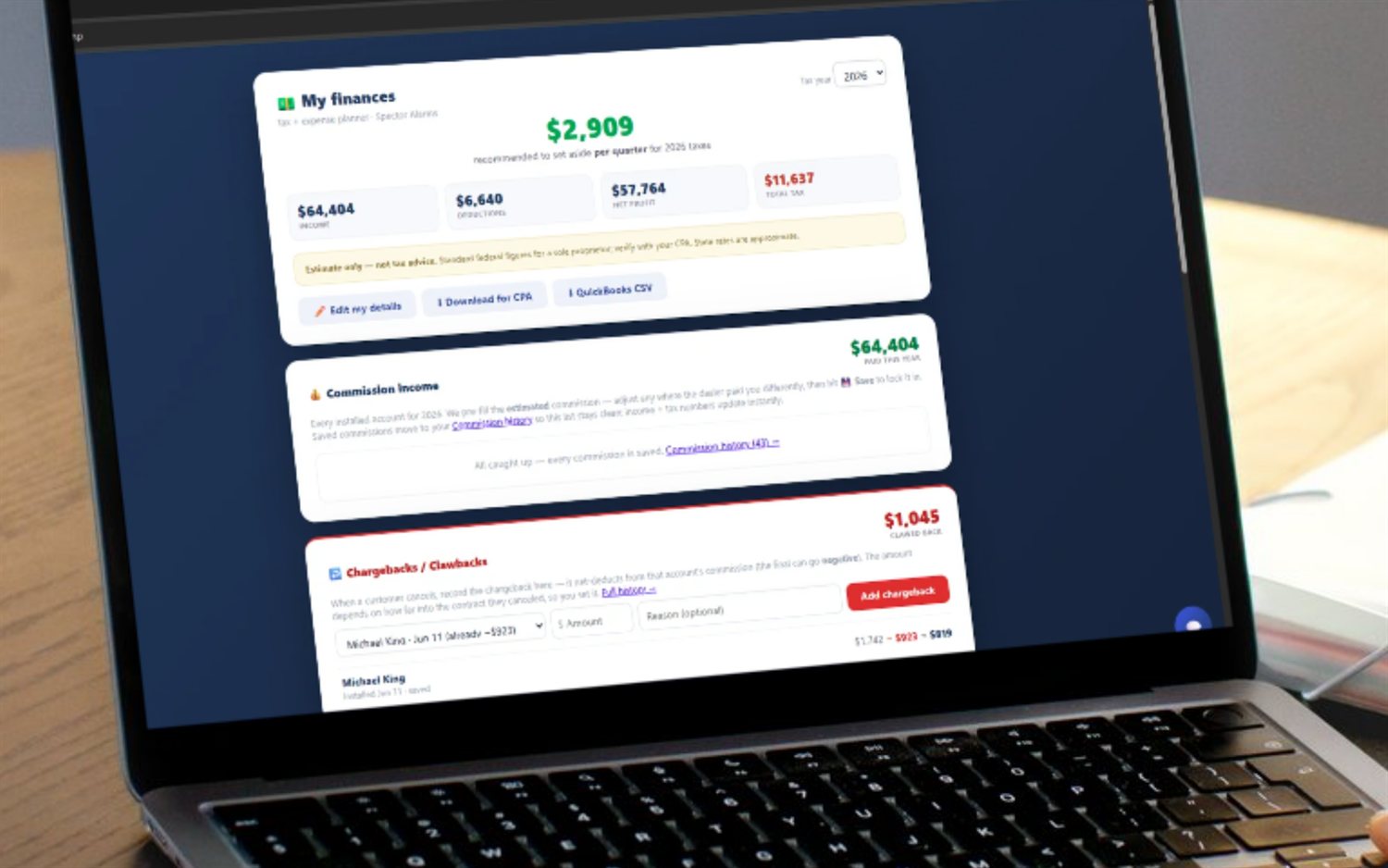 SecurityQS finances dashboard — income, deductions, net profit, total tax and a recommended quarterly tax set-aside for a 1099 alarm rep