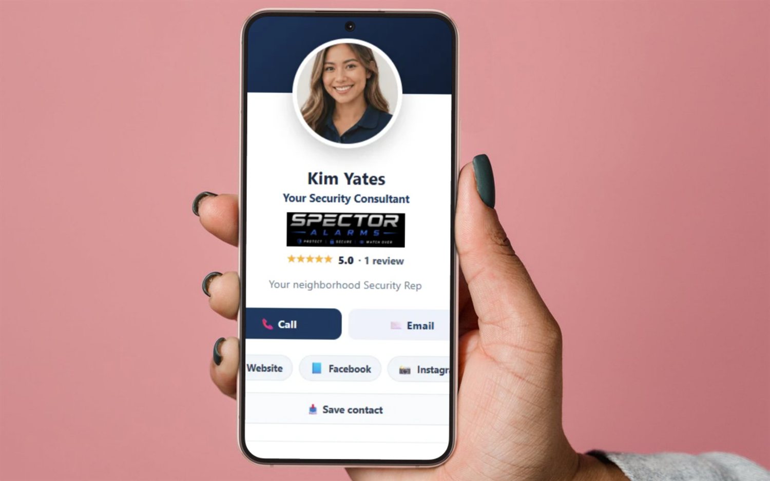 A SecurityQS rep's digital business card on a phone with reviews and call, email and save-contact buttons