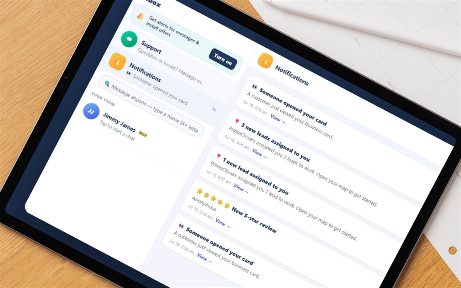 SecurityQS inbox and notifications on a tablet — new leads assigned to a rep, team messaging, plus card-view and 5-star review alerts