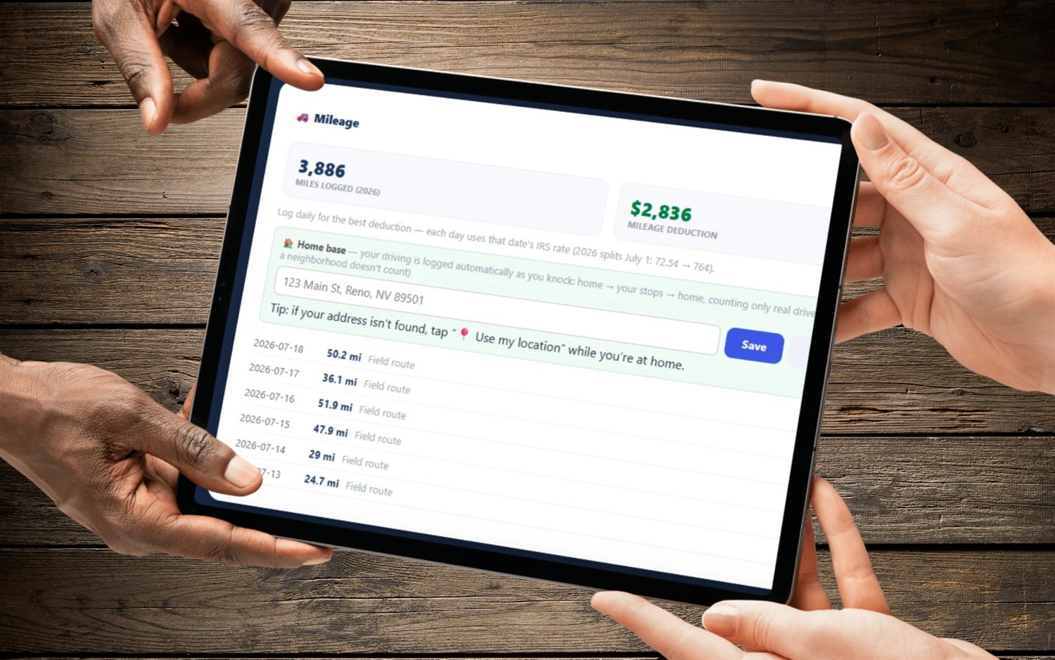 SecurityQS mileage tracker on a tablet — real road miles logged per day and auto-priced at the IRS rate into a running yearly deduction