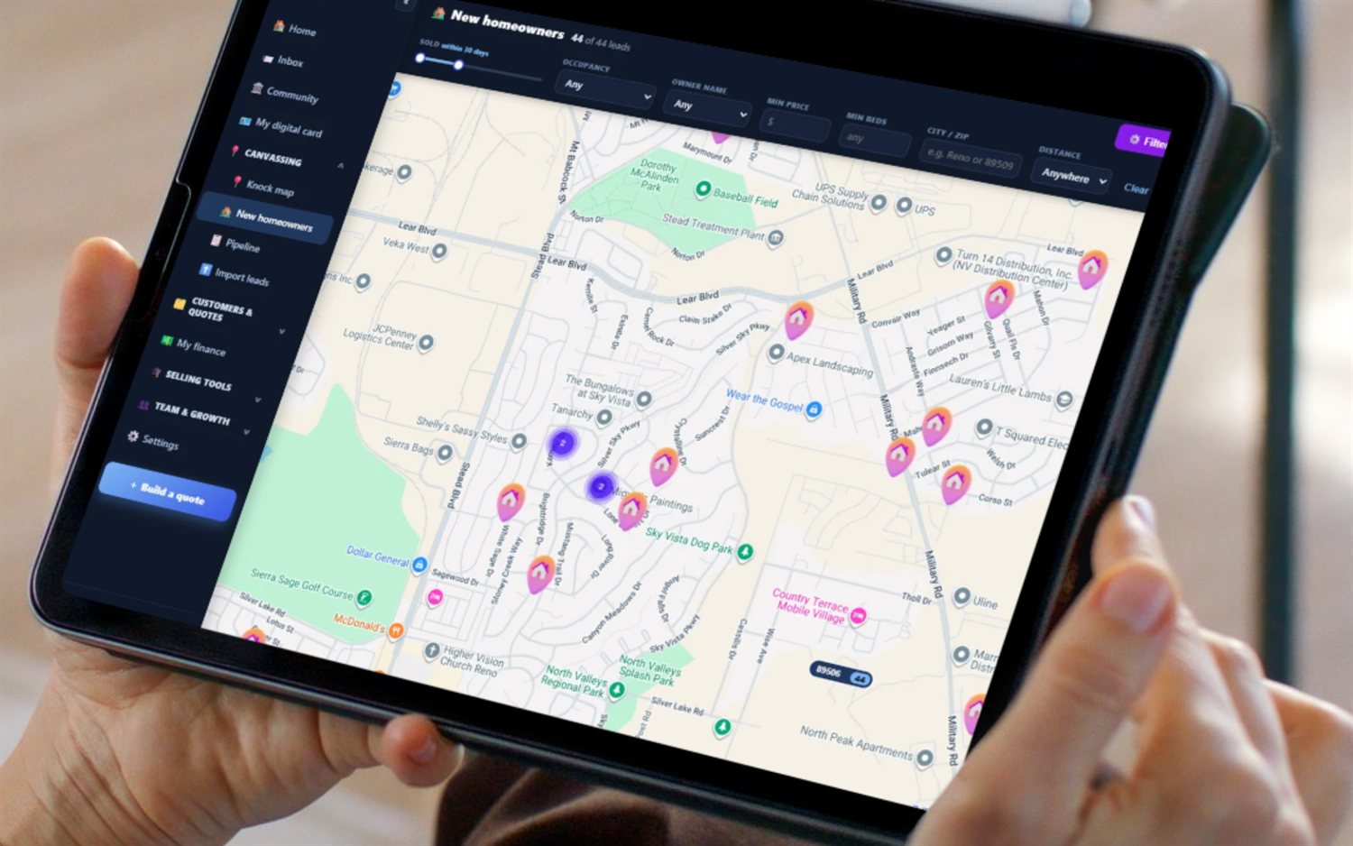 SecurityQS New Homeowners map with recently-sold homes shown as pins, plus filters for sold date, occupancy and owner name