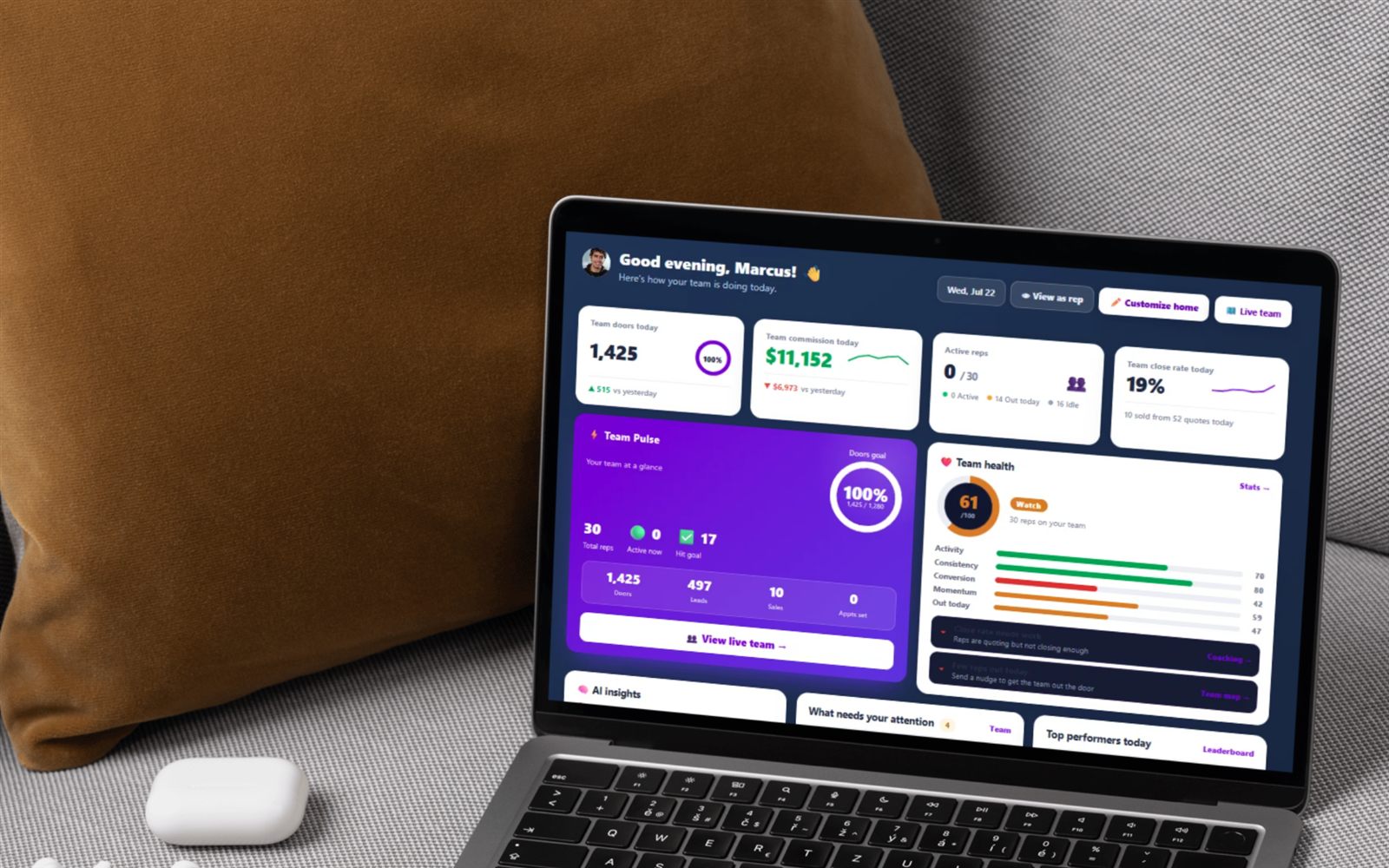SecurityQS Team Manager home dashboard: a Team Health score, reps flagged as needing help, AI coaching insights, top performers and the full team roster