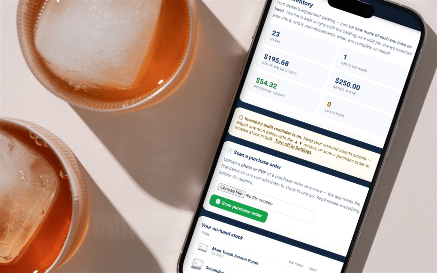 SecurityQS technician inventory on a phone — on-hand counts, stock value and potential profit, with completed installs auto-deducting the stock used