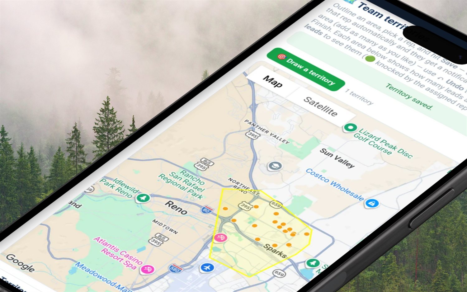 SecurityQS team territories on a phone — a manager traced a multi-point area over the map and every lead inside is auto-assigned to a rep